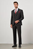 Siyah Düz Bez Ayağı Kılıç Yaka Tam Astar Çift Yırtmaç 2 Düğme Yelekli 6 Drop Slim Fit Classic Takım Elbise 1001245151