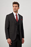 Siyah Düz Bez Ayağı Kılıç Yaka Tam Astar Çift Yırtmaç 2 Düğme Yelekli 6 Drop Slim Fit Classic Takım Elbise 1001245151