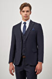 Koyu Lacivert Düz Bez Ayağı Kılıç Yaka Tam Astar Çift Yırtmaç 2 Düğme Yelekli 6 Drop Slim Fit Classic Takım Elbise 1001245151