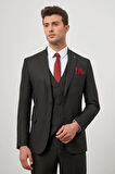 Siyah Kendinden Çizgili Desen Bez Ayağı Kılıç Yaka Tam Astar Çift Yırtmaç 2 Düğme Yelekli 6 Drop Slim Fit Classic Takım Elbise 1001245153