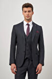 Koyu Lacivert Kendinden Çizgili Desen Bez Ayağı Kılıç Yaka Tam Astar Çift Yırtmaç 2 Düğme Yelekli 6 Drop Slim Fit Classic Takım Elbise 1001245153