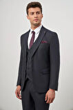 Koyu Lacivert Kendinden Çizgili Desen Bez Ayağı Kılıç Yaka Tam Astar Çift Yırtmaç 2 Düğme Yelekli 6 Drop Slim Fit Classic Takım Elbise 1001245153