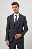 Koyu Lacivert Kendinden Çizgili Desen Bez Ayağı Kılıç Yaka Tam Astar Çift Yırtmaç 2 Düğme Yelekli 6 Drop Slim Fit Classic Takım Elbise 1001245153