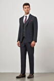 Koyu Lacivert Kendinden Çizgili Desen Bez Ayağı Kılıç Yaka Tam Astar Çift Yırtmaç 2 Düğme Yelekli 6 Drop Slim Fit Classic Takım Elbise 1001245153