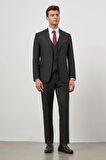 Siyah Kendinden Çizgili Desen Bez Ayağı Kılıç Yaka Tam Astar Çift Yırtmaç 2 Düğme Yelekli 6 Drop Slim Fit Classic Takım Elbise 1001245154