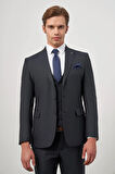 Koyu Lacivert Kendinden Çizgili Desen Bez Ayağı Kılıç Yaka Tam Astar Çift Yırtmaç 2 Düğme Yelekli 6 Drop Slim Fit Classic Takım Elbise 1001245154