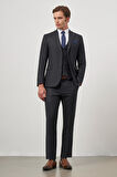 Koyu Lacivert Kendinden Çizgili Desen Bez Ayağı Kılıç Yaka Tam Astar Çift Yırtmaç 2 Düğme Yelekli 6 Drop Slim Fit Classic Takım Elbise 1001245155