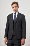Koyu Lacivert Kendinden Çizgili Desen Bez Ayağı Kılıç Yaka Tam Astar Çift Yırtmaç 2 Düğme Yelekli 6 Drop Slim Fit Classic Takım Elbise 1001245155