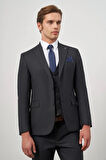 Koyu Lacivert Kendinden Çizgili Desen Bez Ayağı Kılıç Yaka Tam Astar Çift Yırtmaç 2 Düğme Yelekli 6 Drop Slim Fit Classic Takım Elbise 1001245155