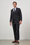 Koyu Lacivert Kendinden Desenli Armürlü Kılıç Yaka Tam Astar Çift Yırtmaç 2 Düğme Yelekli 6 Drop Slim Fit Classic Takım Elbise 1001245156