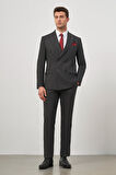 Siyah Kendinden Çizgili Desen Bez Ayağı Kılıç Yaka Tam Astar Çift Yırtmaç Kruvaze 6 Drop Slim Fit Classic Takım Elbise 1001245157