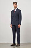Koyu Lacivert Kendinden Çizgili Desen Bez Ayağı Kılıç Yaka Tam Astar Çift Yırtmaç Kruvaze 6 Drop Slim Fit Classic Takım Elbise 1001245157