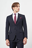 Koyu Lacivert Armürlü Mono Yaka Tam Astar Esnek 6 Drop Slim Fit Classic Takım Elbise 1001245175