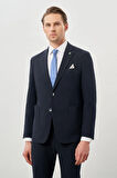 Koyu Lacivert Desenli Gofreli Mono Yaka Malzemesiz Beli Lastikli Esnek 6 Drop Slim Fit Casual Takım Elbise 1001245270