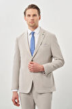 Açık Bej Desenli Gofreli Mono Yaka Malzemesiz Beli Lastikli Esnek 6 Drop Slim Fit Casual Takım Elbise 1001245270