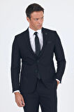 Siyah Düz Gabardin Kılıç Yaka 2 Düğme Pamuklu 6 Drop Slim Fit Basic Takım Elbise 1001250011_001