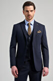 Koyu Lacivert Kılıç Yaka Kendinden Desenli 2 Düğme Classic Esnek Slim Fit Takım Elbise 1001250156
