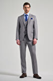 Gri Kılıç Yaka Kendinden Desenli 2 Düğme Classic Esnek Slim Fit Takım Elbise 1001250157