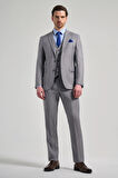 Gri Kılıç Yaka Kendinden Desenli 2 Düğme Classic Esnek Slim Fit Takım Elbise 1001250157