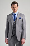 Gri Kılıç Yaka Kendinden Desenli 2 Düğme Classic Esnek Slim Fit Takım Elbise 1001250157