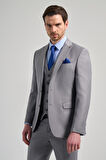 Gri Kılıç Yaka Kendinden Desenli 2 Düğme Classic Esnek Slim Fit Takım Elbise 1001250157