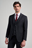 Koyu Lacivert Kılıç Yaka Çizgili Desen 2 Düğme Classic Esnek Slim Fit Takım Elbise 1001250158