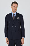 Koyu Lacivert Kılıç Yaka Çizgili Desen Kruvaze Classic Esnek Slim Fit Takım Elbise 1001250173