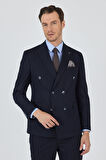 Koyu Lacivert Kılıç Yaka Çizgili Desen Kruvaze Classic Esnek Slim Fit Takım Elbise 1001250173