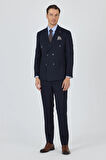 Koyu Lacivert Kılıç Yaka Çizgili Desen Kruvaze Classic Esnek Slim Fit Takım Elbise 1001250173