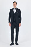 Siyah Mono Yaka Tek Düğme Slim Fit Yelekli Ceremony Takım Elbise 1001250201