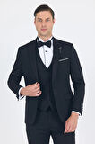 Siyah Mono Yaka Tek Düğme Slim Fit Yelekli Ceremony Takım Elbise 1001250201