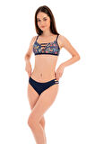 RUKOMAYO LACİVERT ÇİÇEK DESENLİ GÖĞÜS DETAYLI  OMUZDAN AYAR ASKILI FREESET MODEL LYCRA KUMAŞ BİKİNİ