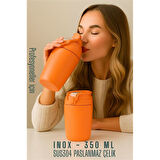 Inox Çelik Kahve Bardağı - 350 ml  SUS304 Çelik Termos Profesyonel TURUNCU