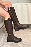 Kadın Koyu Kahve Günlük Çizme Dizaltı Fermuarlı Çizme