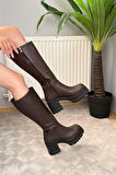 Kadın Koyu Kahve 8 cm Topuklu Yandan Fermuarlı Çizme