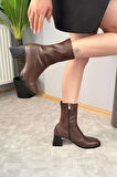 Kadın Kahverengi Bot 7 cm Kalın Topuklu Streç Boots