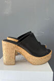 Kadın Oven Siyah Cilt 10 cm Platfom Topuklu Mantar Taban Terlik K-850