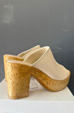 Kadın Oven Bej 10 cm Platfom Topuklu Mantar Taban Terlik K-850