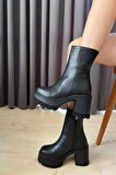 Kadın Siyah Deri ( 8 cm ) Platfom Topuklu Fermuarlı Bot