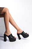 Kadın Siyah Geniş Bantlı (12 cm ) Platform Topuklu Terlik