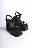 Kadın Keyli Siyah Cilt  Çapraz Bantlı (12 cm ) Platform Topuklu Ayakkabı