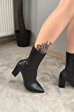 Kadın Volga Siyah Fermuarlı 8 cm Kalın Topuklu Strec Bot