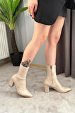 Kadın Volga Bej Fermuarlı 8 cm Kalın Topuklu Strec Bot