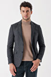 Desenli Mono Yaka Astarlı Çift Yırtmaç 6 Drop Slim Fit Dar Kesim Klasik Ceket 1002235132 Koyu Antrasit