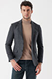 Desenli Mono Yaka Astarlı Çift Yırtmaç 6 Drop Slim Fit Dar Kesim Klasik Ceket 1002235132 Koyu Antrasit