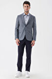 Desenli Armürlü Mono Yaka Çift Yırtmaç 6 Drop Slim Fit Dar Kesim Klasik Ceket 1002235133 Koyu Lacivert