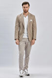 Koyu Bej Çizgili Kırlangıç Yaka Çift Yırtmaç 6 Drop Comfort Fit Rahat Kesim Klasik Ceket 1002240101