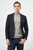 Koyu Lacivert Çizgili Gofreli Kırlangıç Yaka Likralı 6 Drop Slim Fit Dar Kesim Klasik Ceket 1002240111