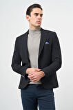 Koyu Lacivert Çizgili Gofreli Kırlangıç Yaka Likralı 6 Drop Slim Fit Dar Kesim Klasik Ceket 1002240111