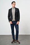 Koyu Lacivert Çizgili Gofreli Kırlangıç Yaka Likralı 6 Drop Slim Fit Dar Kesim Klasik Ceket 1002240111